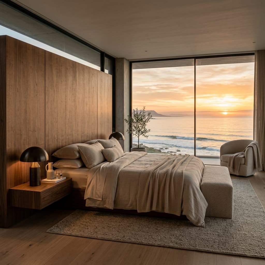 Ocean-view bedroom at sunset