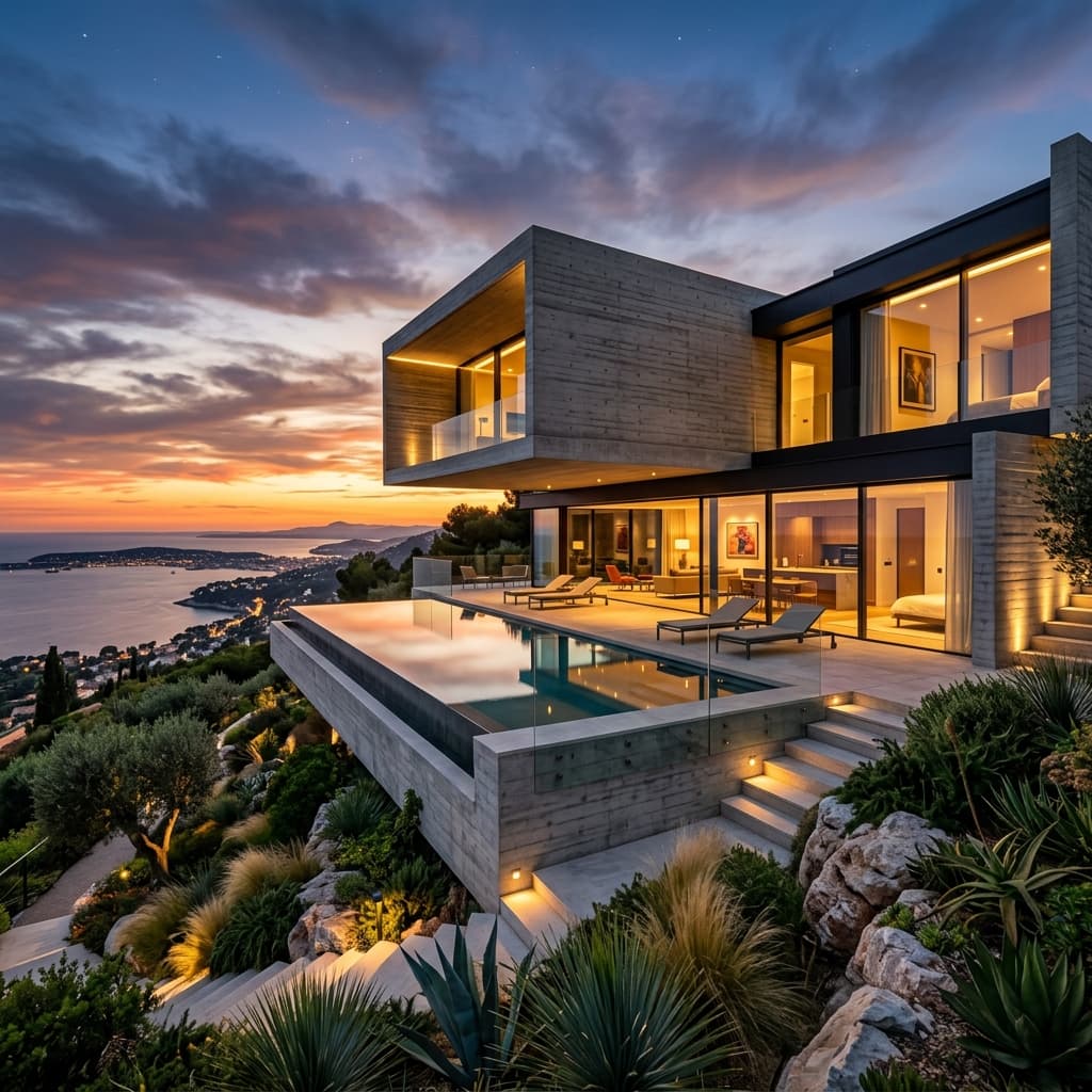 Cantilevered villa at dusk